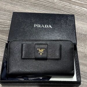 Prada Black Saffiano Leather Wallet with Bow